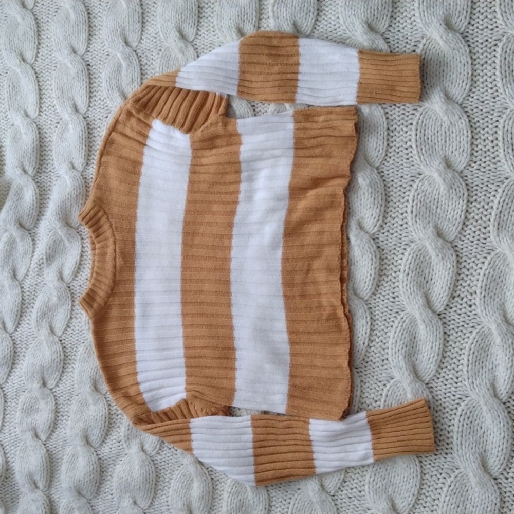 American Eagle Outfitters Gold and Cream Ribbed Striped Sweater | Size XS